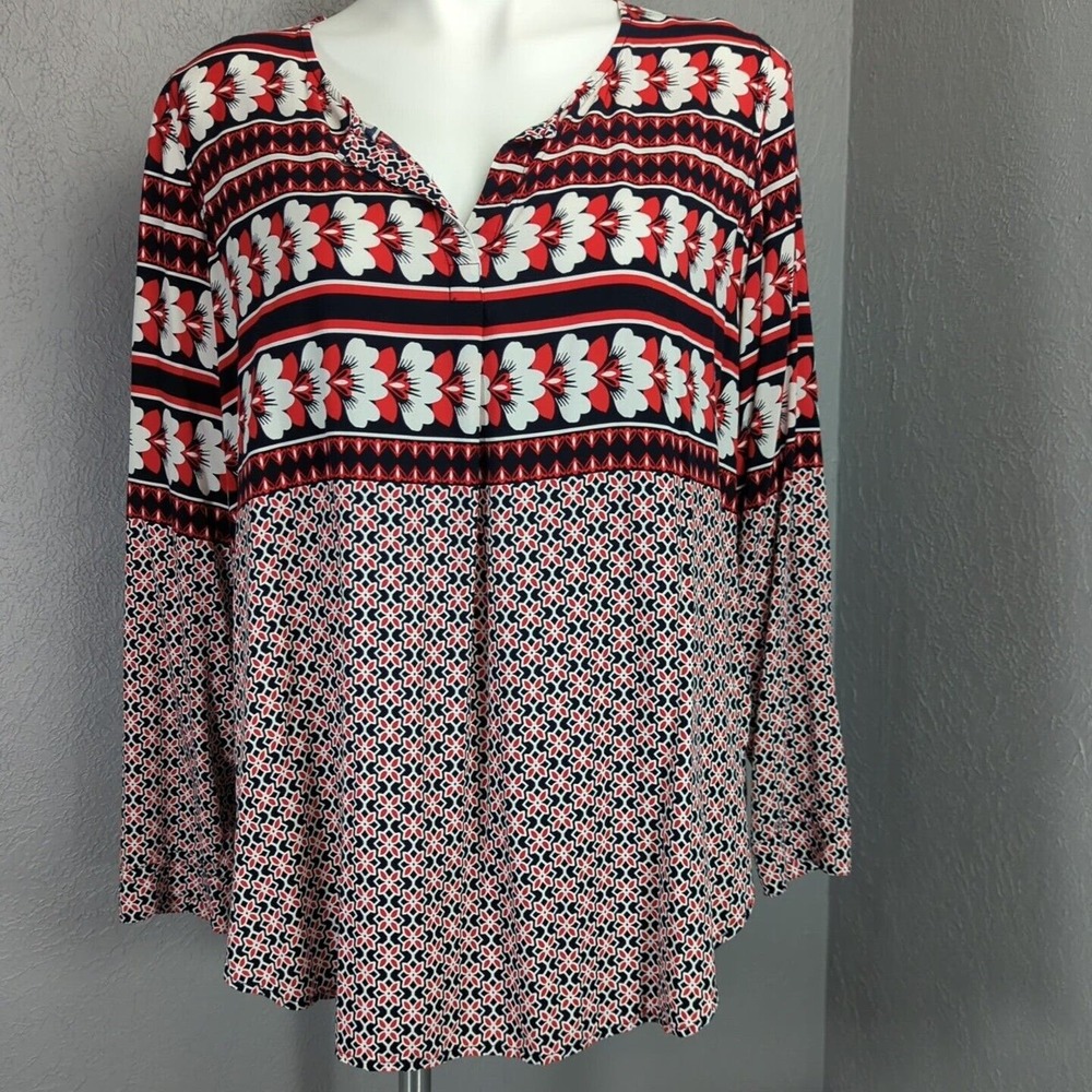 Crown & Ivy Shirt Womens L Red Navy Floral Long Sleeve Multi-Color Blouse